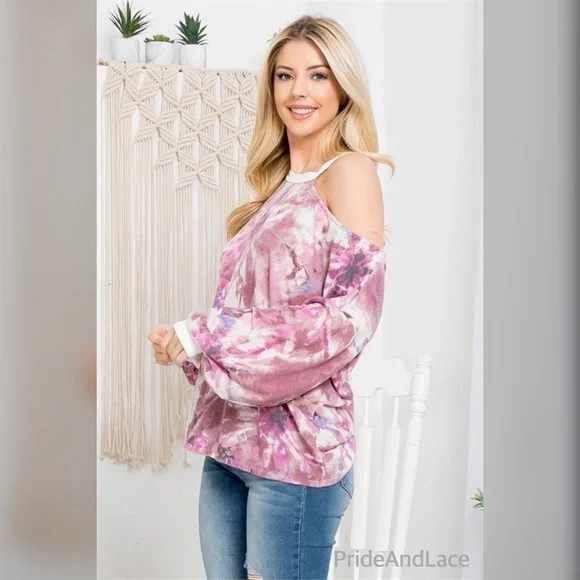 MAUVE TIE DYE ONE SIDE COLD SHOULDER CUFFED LONG SLEEVE TOP - Picture 3 of 7